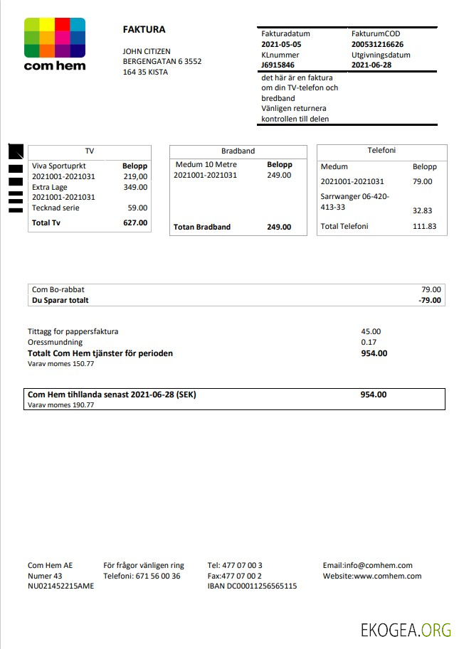 Sweden Com Hem utility bill template in Word and PDF format